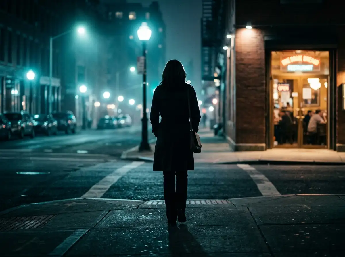 A silhouetted woman walking confidently away into the night