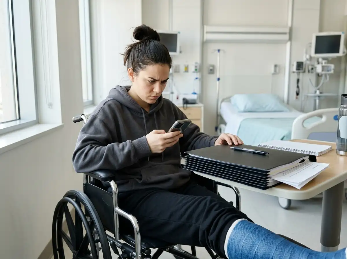 A woman in a hospital wheelchair looking determinedly at her phone next to legal files