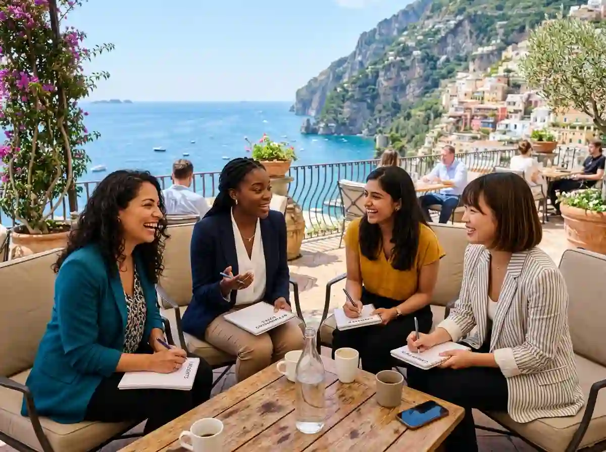 Diverse group of young professional women networking on a sunny terrace