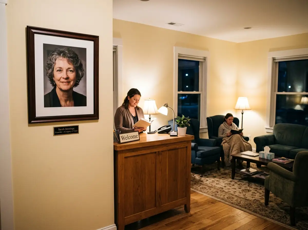 A framed photo of a smiling woman hanging on a warm, softly lit wall in a shelter lobby