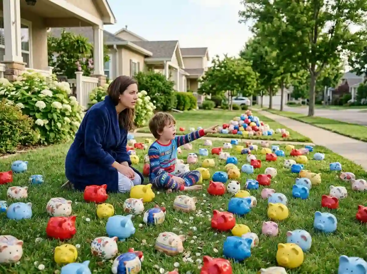Mother and son looking shocked at a yard covered in piggy banks and a police officer