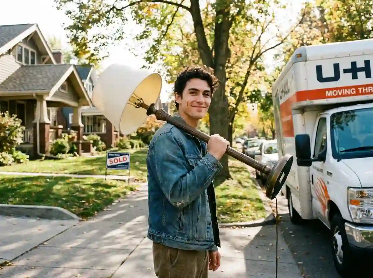 A young man with dark curls carrying a floor lamp next to a moving truck