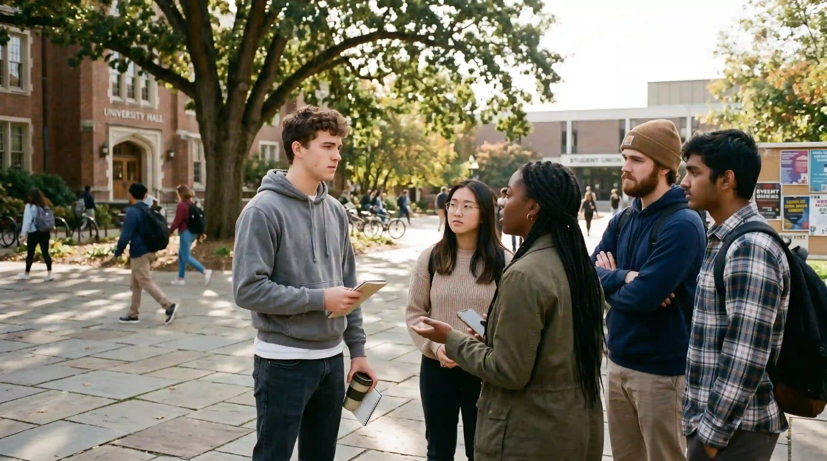 Group of young friends discussing their future and the military draft on a college campus