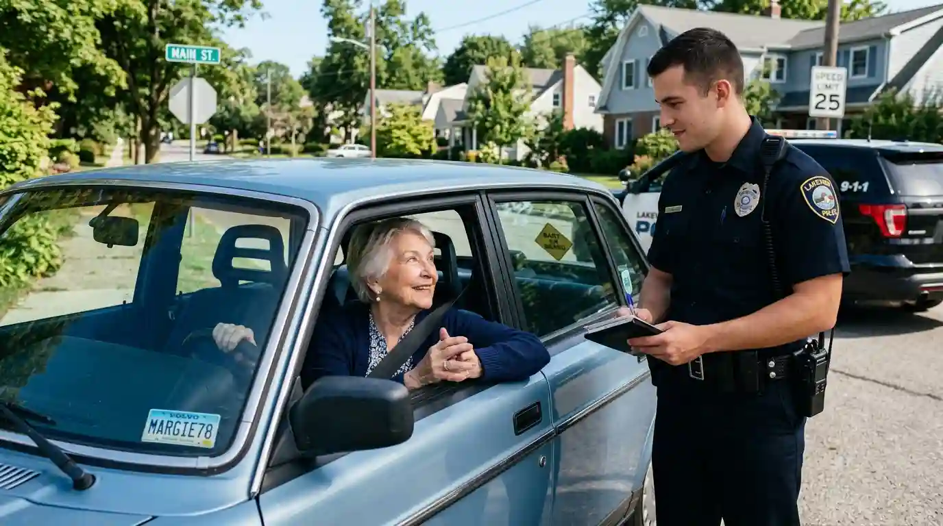 An elderly woman smiling at a young police officer during a roadside traffic stop
