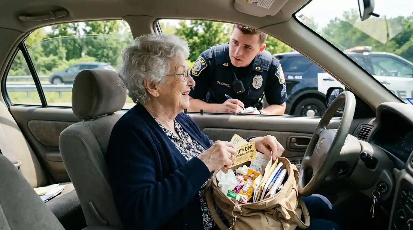 Elderly woman searching her handbag while a police officer waits beside the car