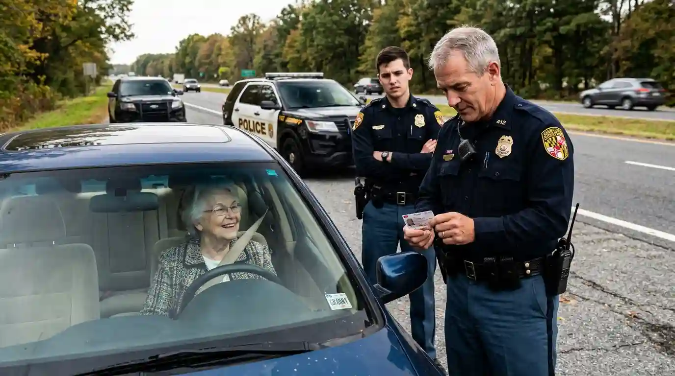 Two police officers speaking with an elderly woman during a traffic stop after checking her license