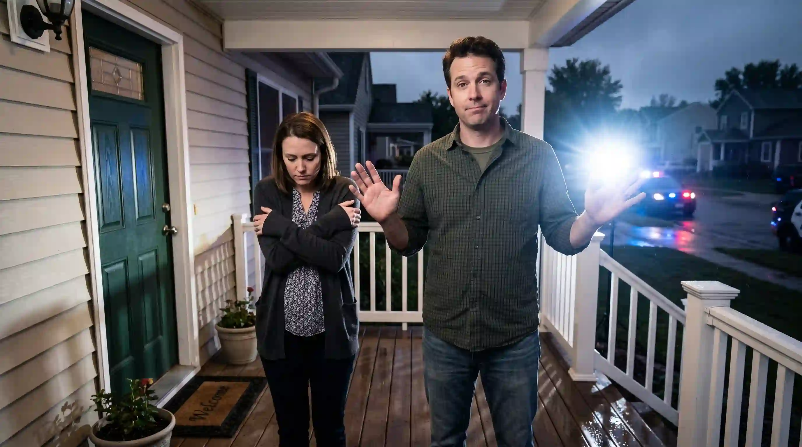 A calm-looking man explaining himself to police while a defeated woman stands passively behind him