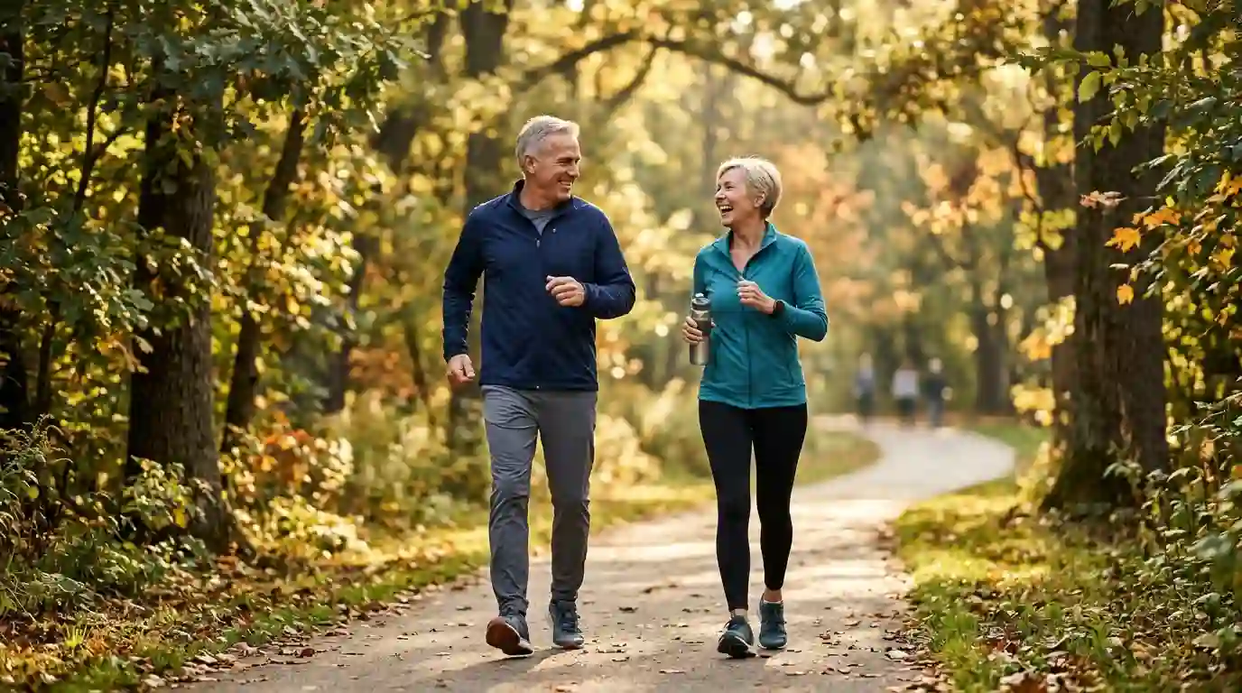 Active couple in their 60s walking briskly in a sun-dappled park