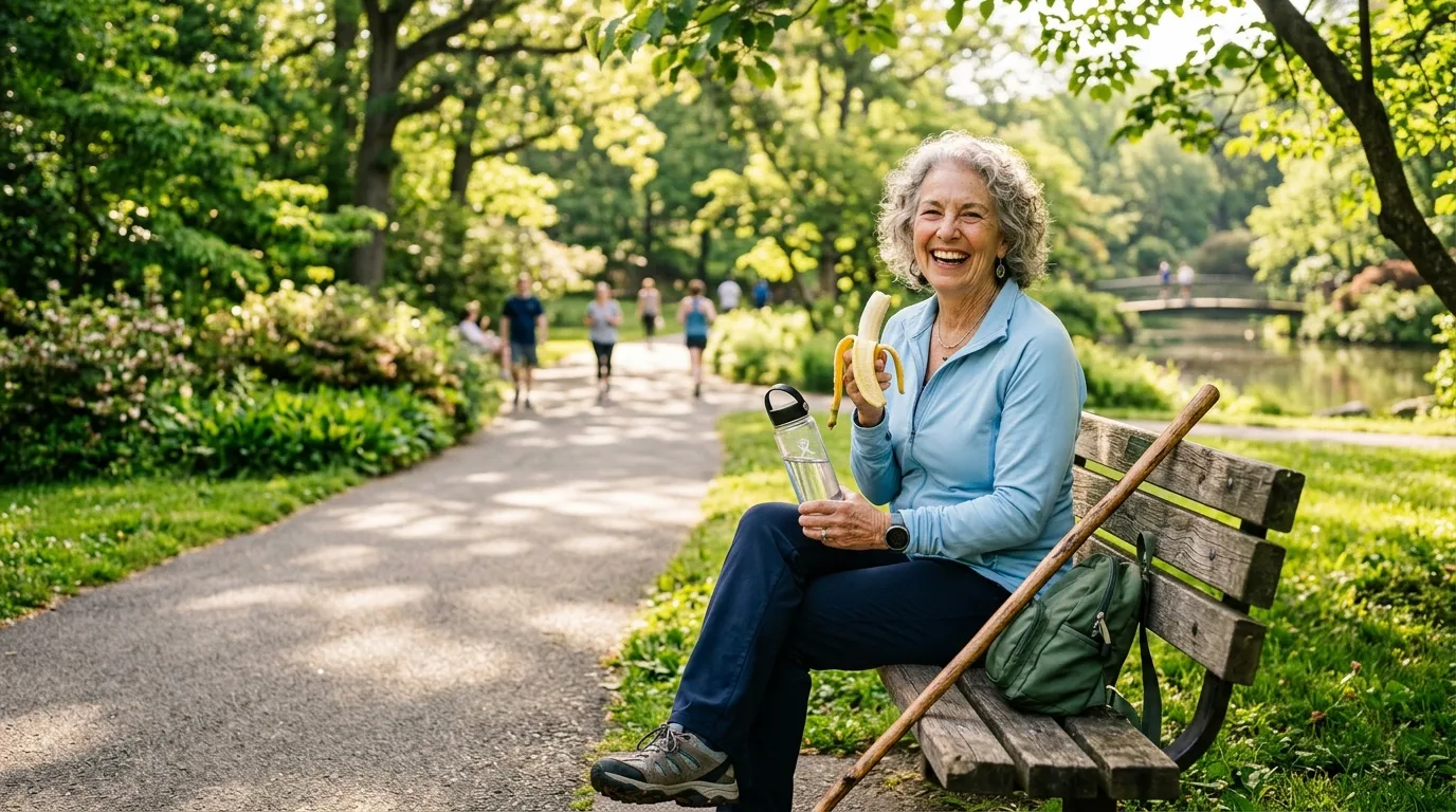 A smiling senior adult holding a banana and a water bottle during a morning walk in the park