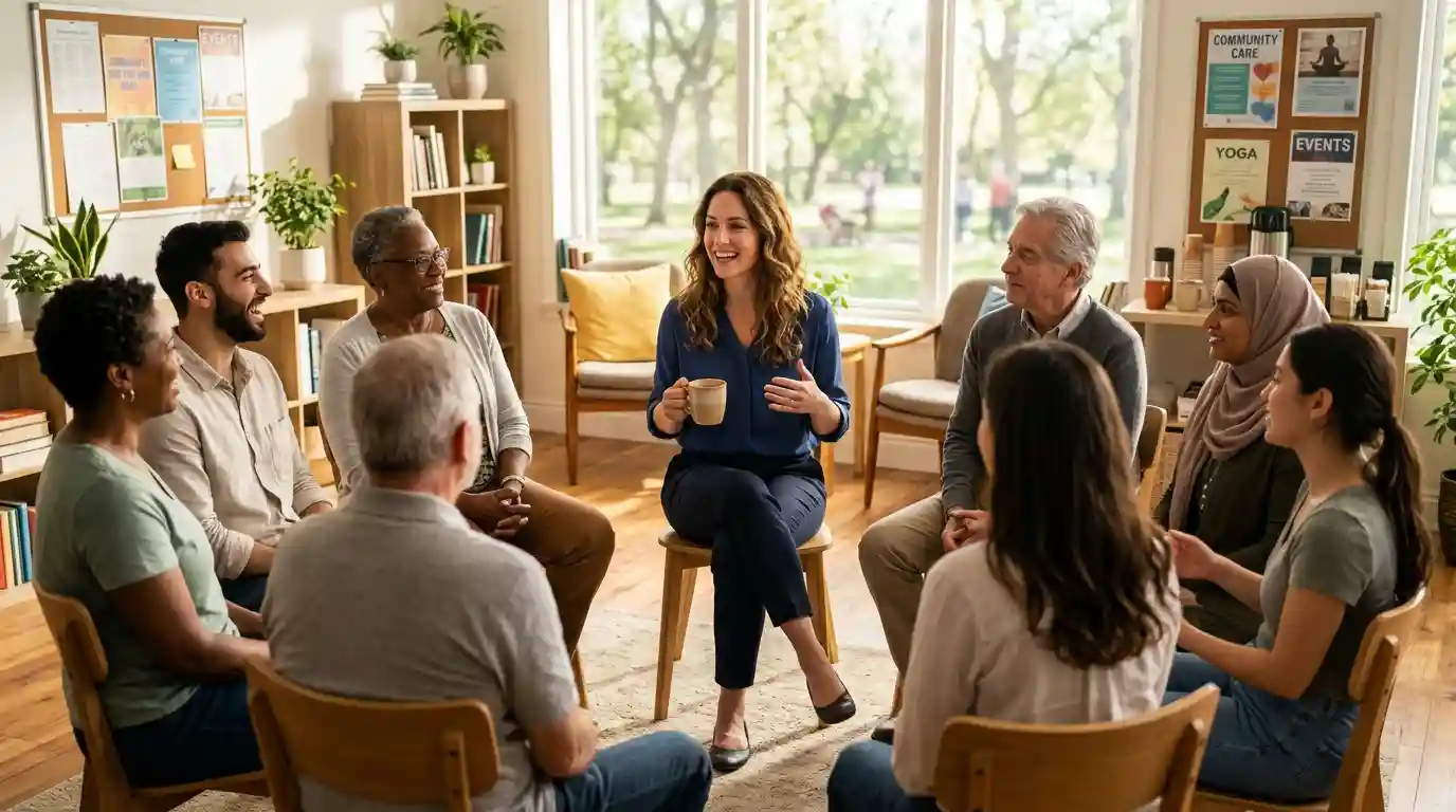 Woman smiling in a community support group circle