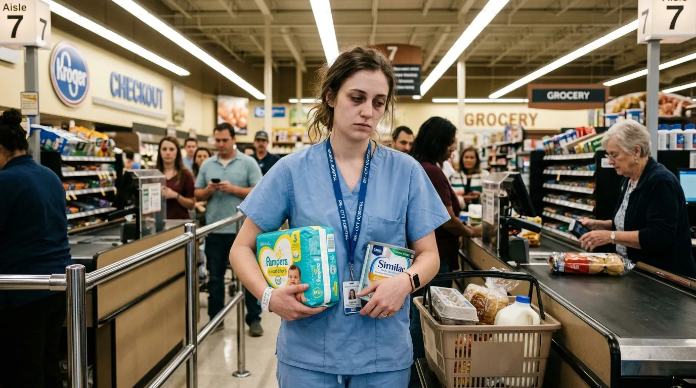 An angry man yelling at a tired nurse in a grocery store line