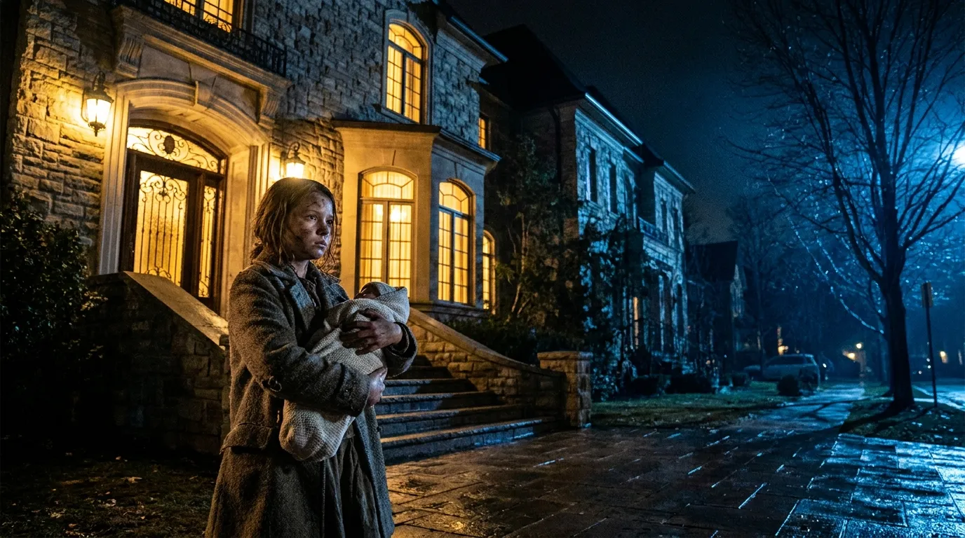 Exhausted young girl holding a baby on a mansion porch at night