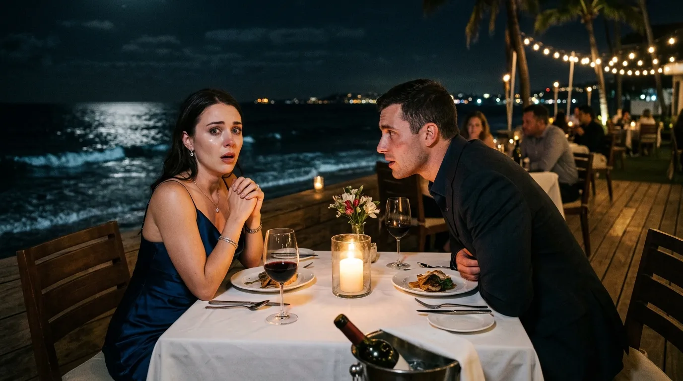 A woman looking shocked at a candlelit dinner by the ocean