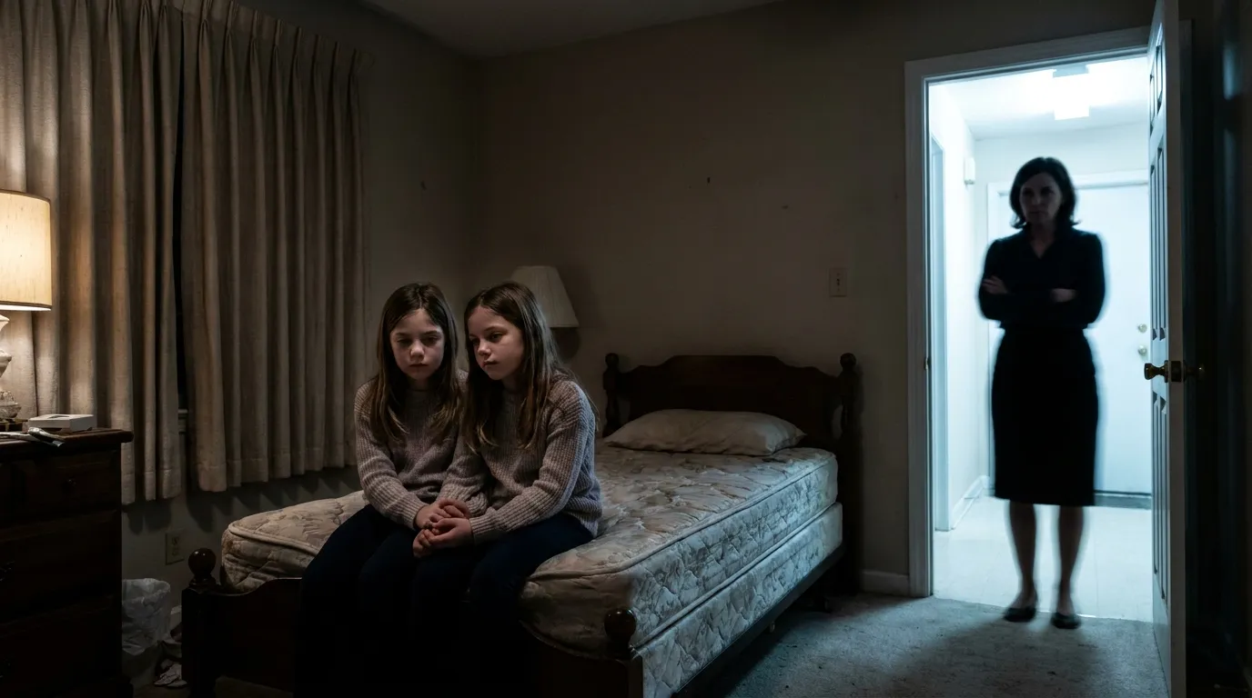 Two young girls sitting anxiously in the dark as a strict figure watches them