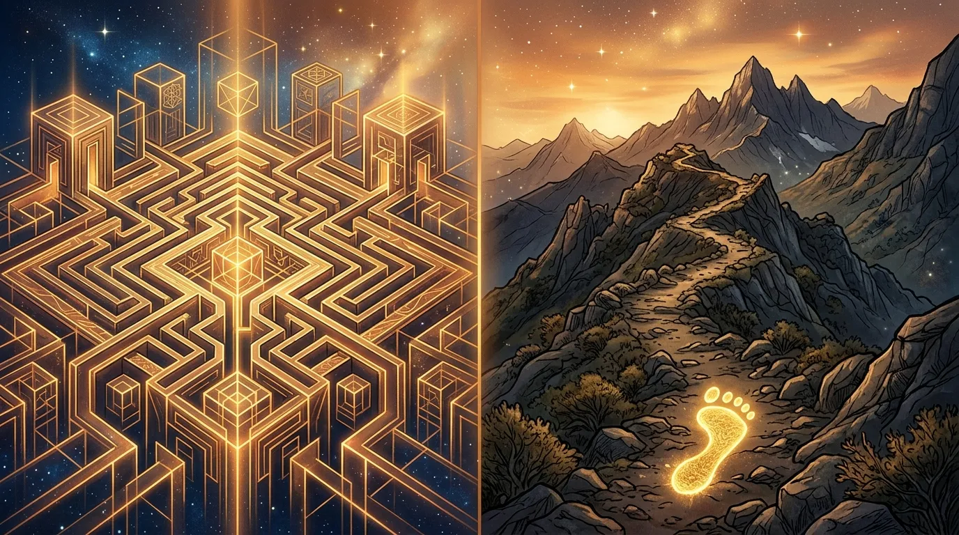 A split visual of an organized geometric labyrinth and a golden footprint on a rugged mountain path.