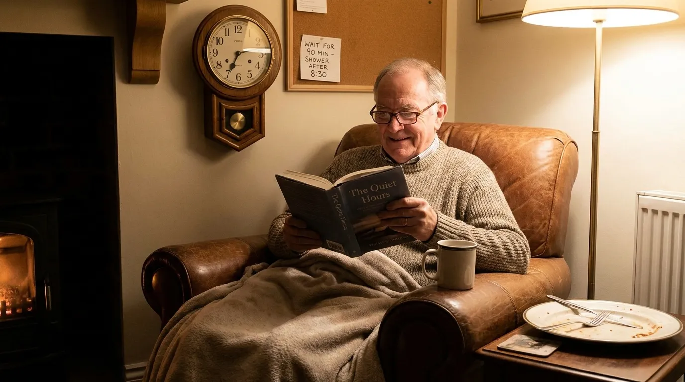 Arthur sitting in a cozy armchair reading a book while a clock ticks in the background