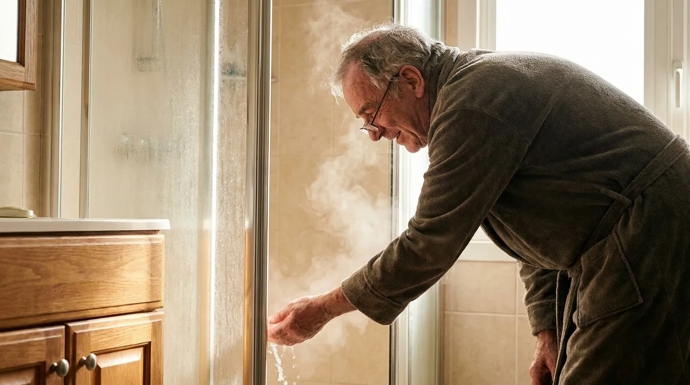 Arthur, a 65-year-old man, carefully testing the shower water temperature with the back of his hand