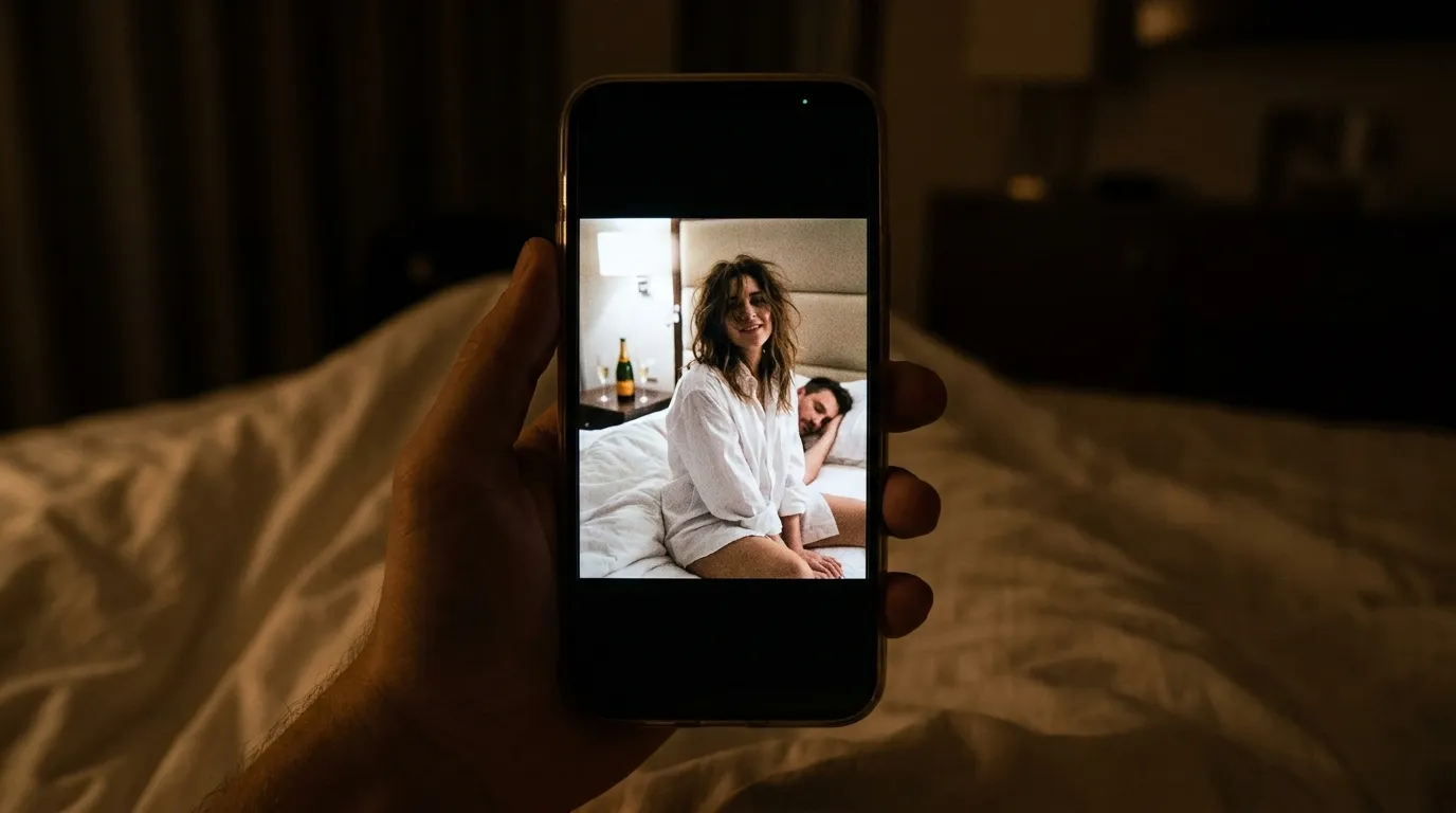 Point of view of a phone screen showing an assistant in a hotel bed with a sleeping man behind her