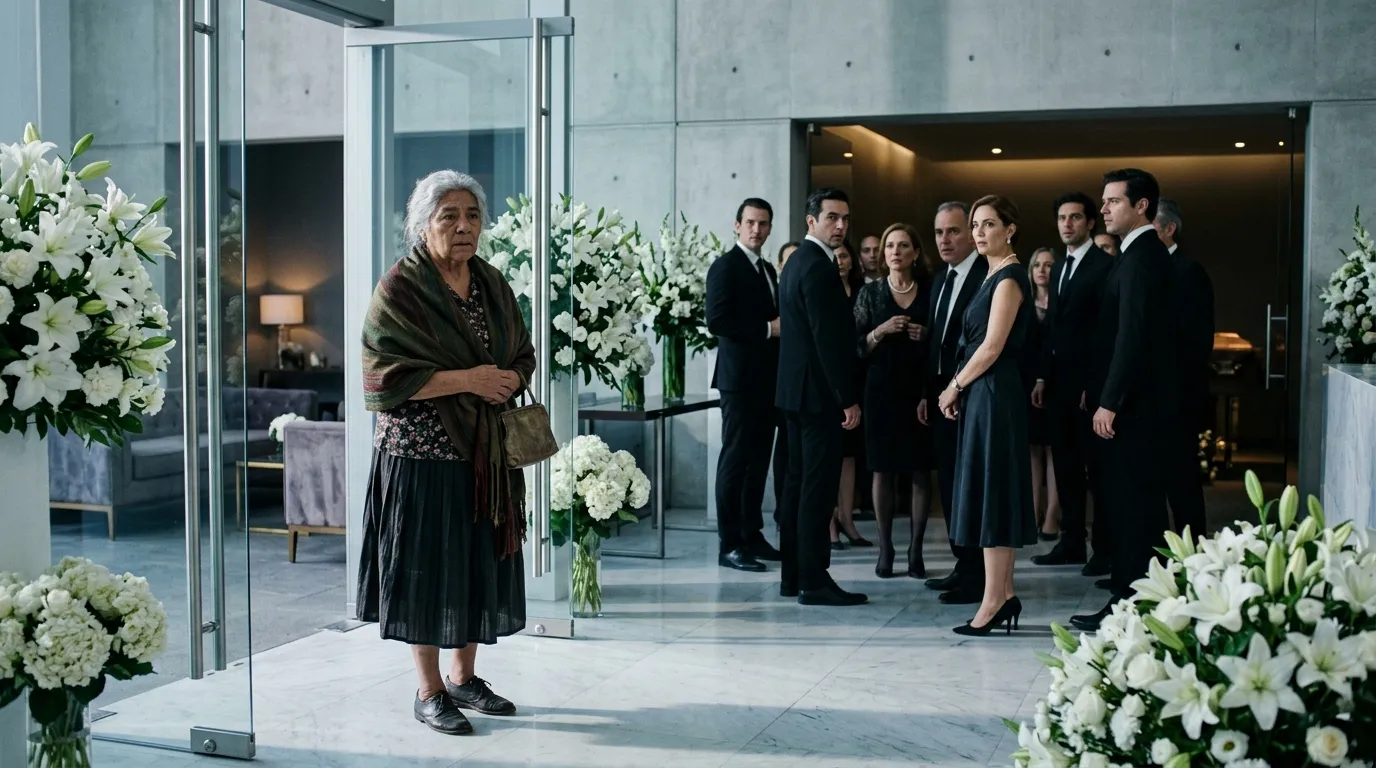 An older woman in humble clothing standing at the entrance of a lavish, intimidating funeral home