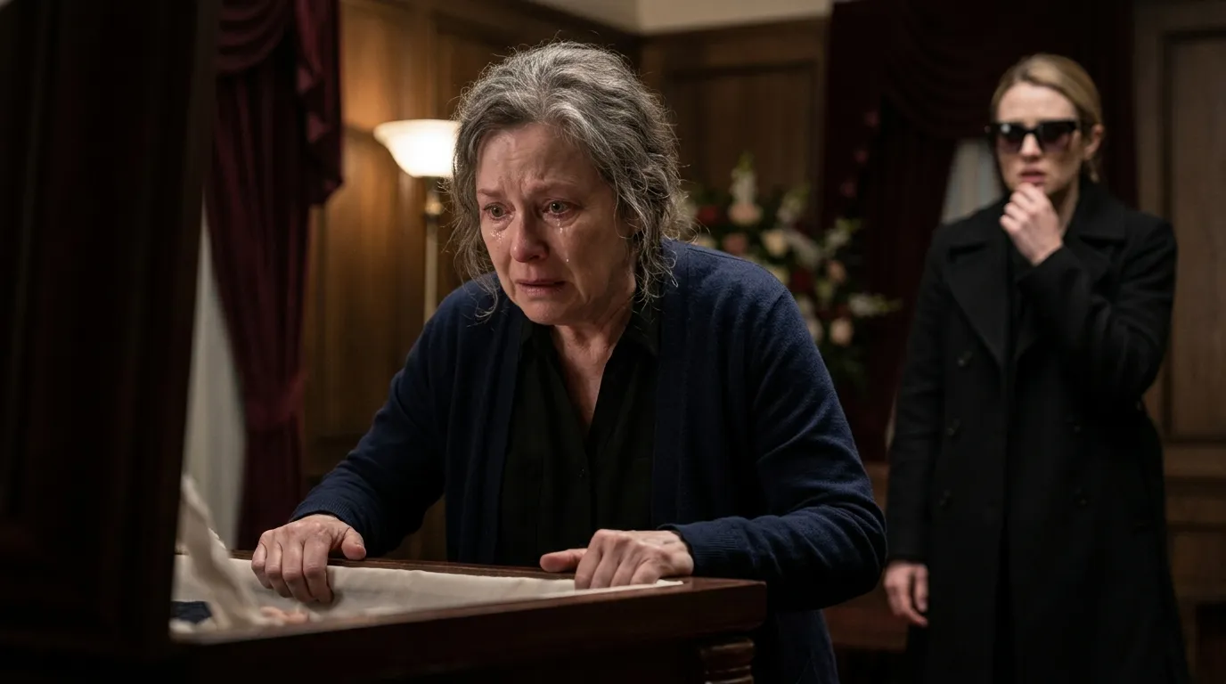 An older woman pressing her hands against an open coffin, looking down in shock while a younger woman in the background looks terrified