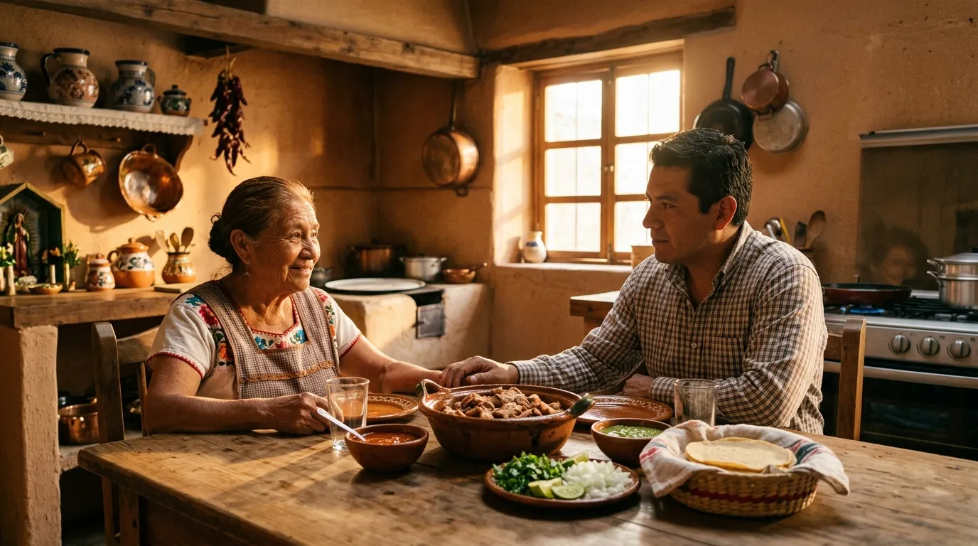 An older woman and her adult son sitting at a rustic kitchen table, sharing a meal of carnitas and tortillas in the warm sunlight