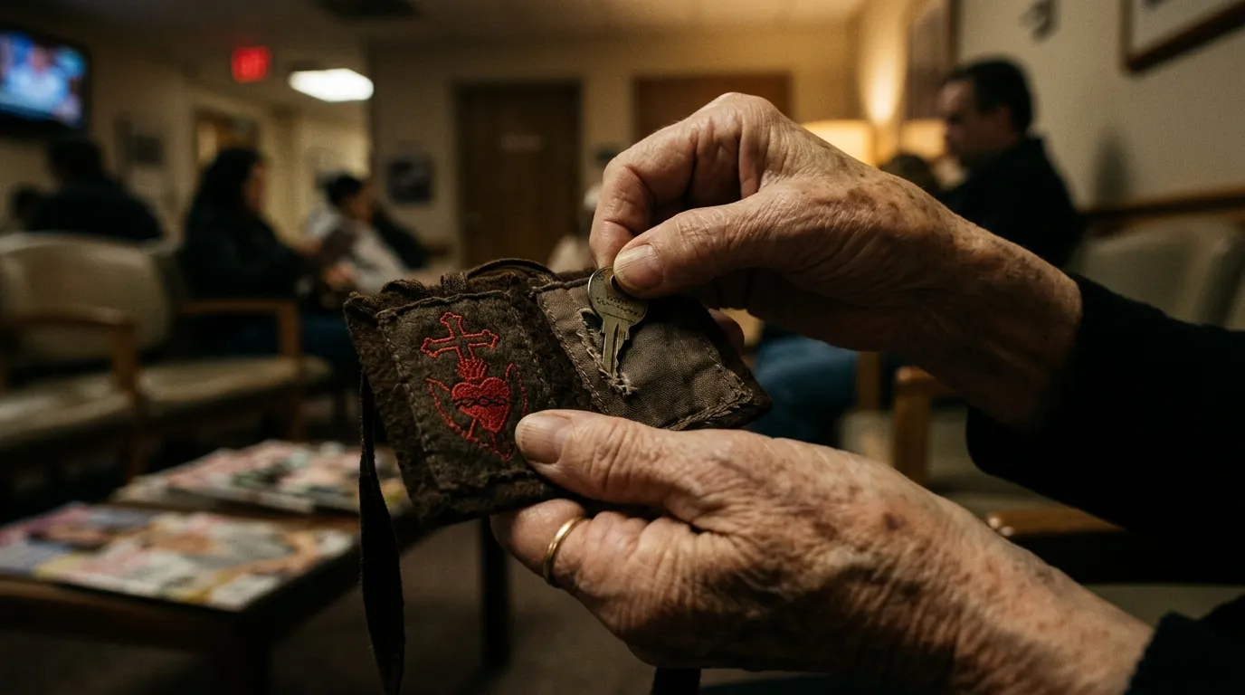 An older woman's hands pulling a small metal safe-deposit box key from a worn religious scapular
