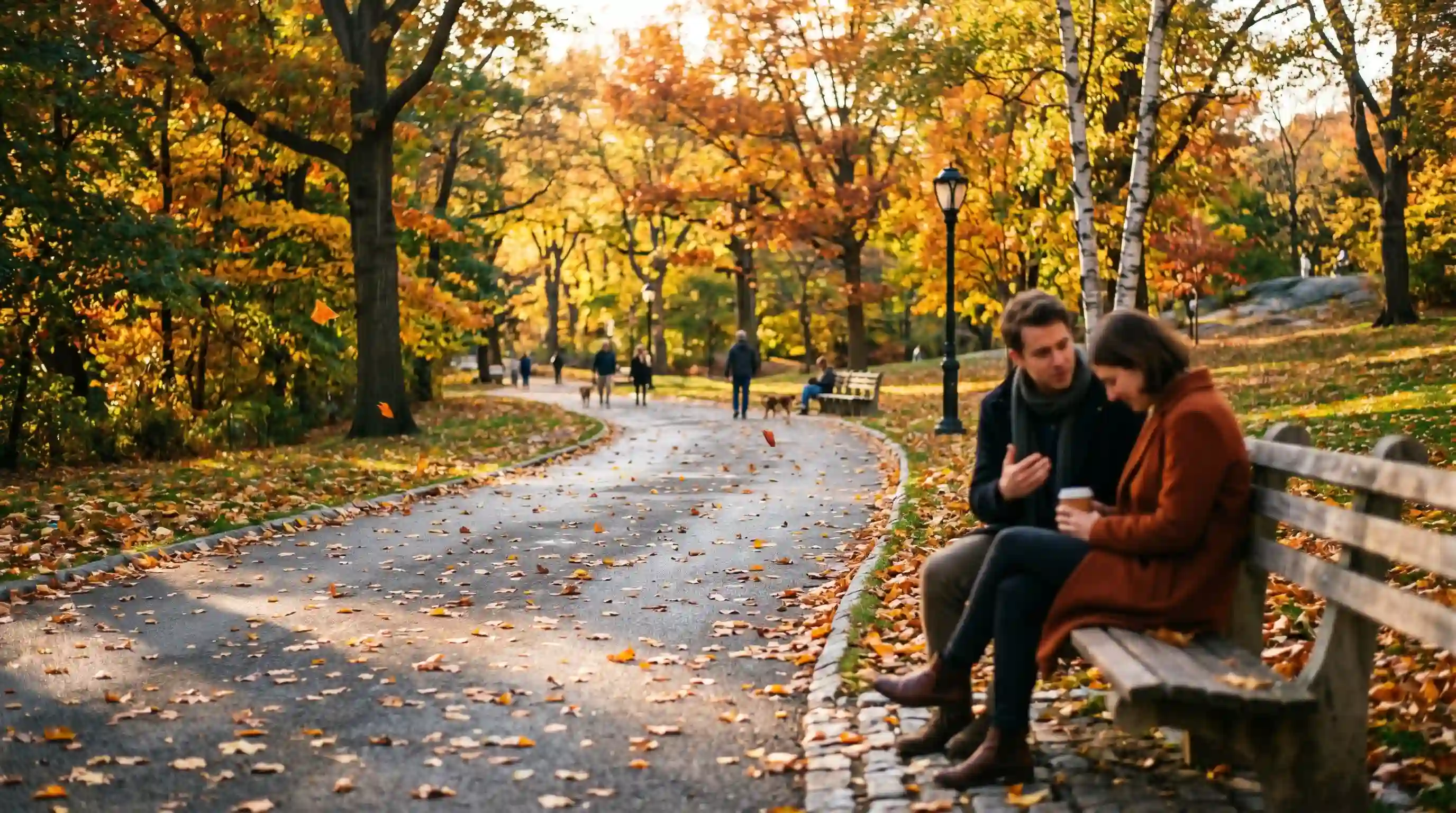 Two people sitting on a park bench in autumn having a deep conversation