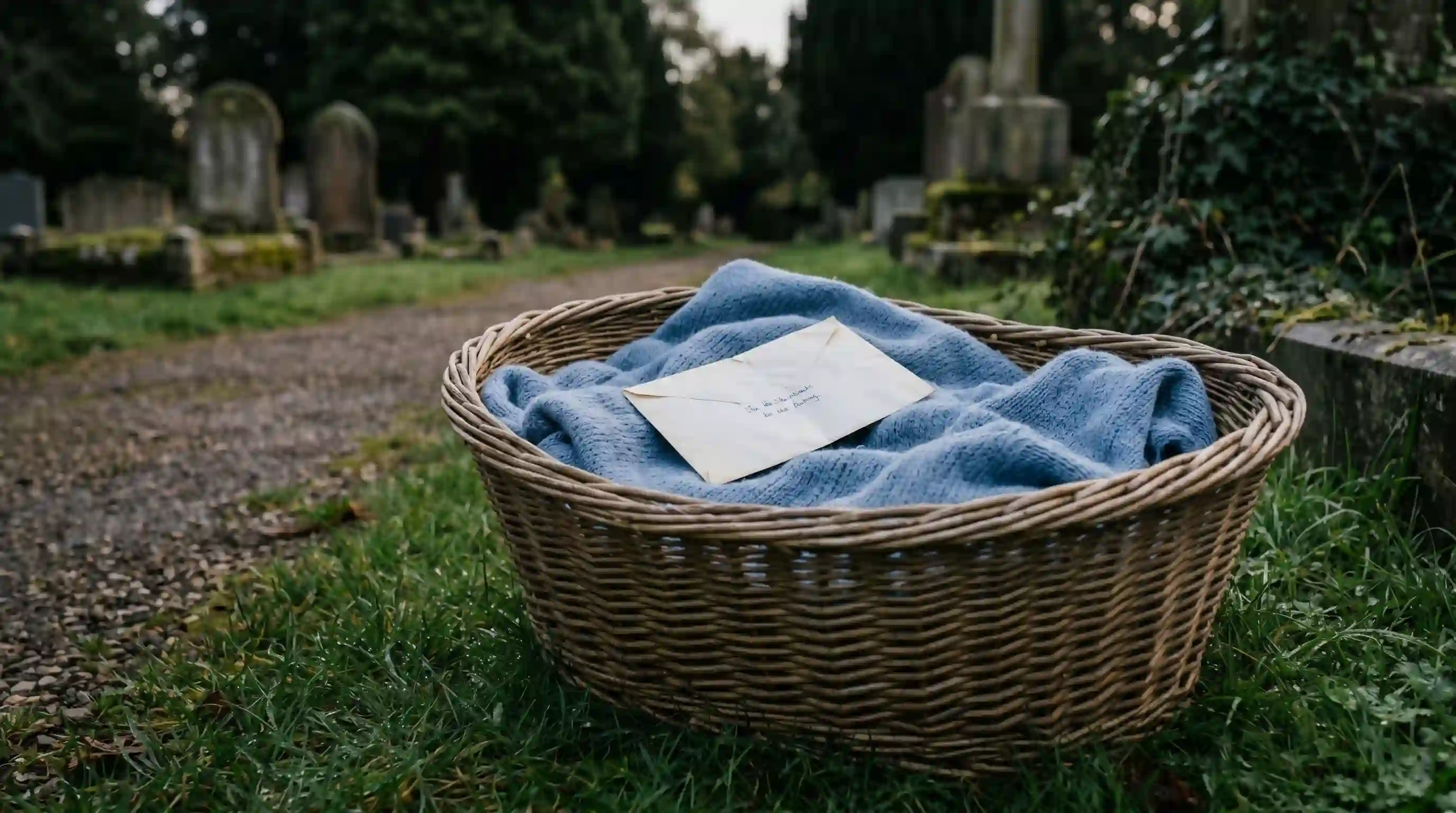 A wicker baby basket with a white envelope resting on a blue blanket
