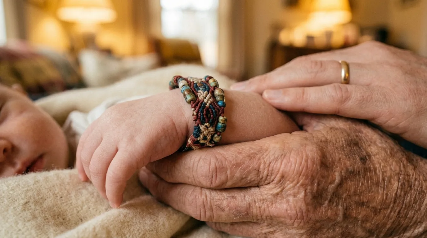 Close up of a woven vintage bracelet on a baby's wrist