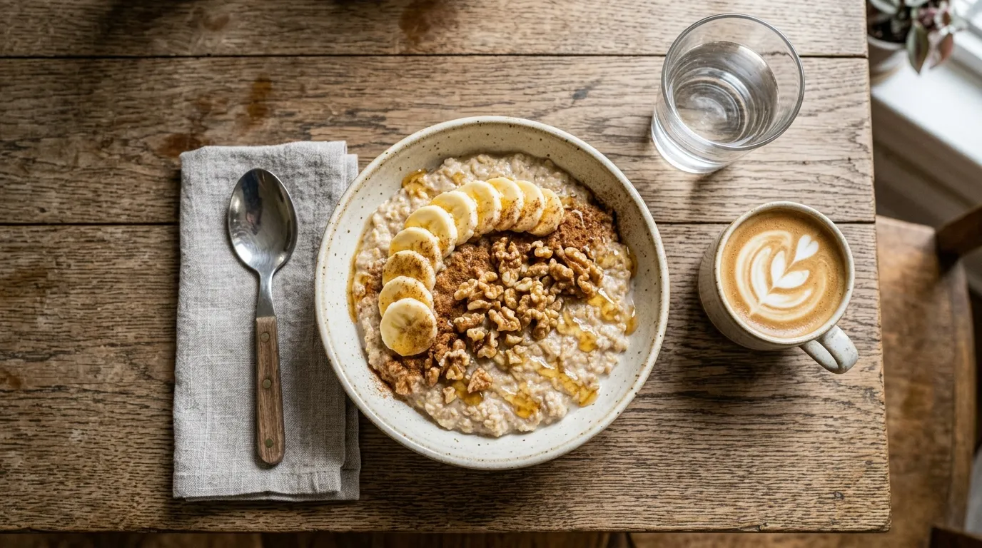 A top-down view of a warm bowl of oatmeal topped with sliced bananas, walnuts, and a drizzle of honey