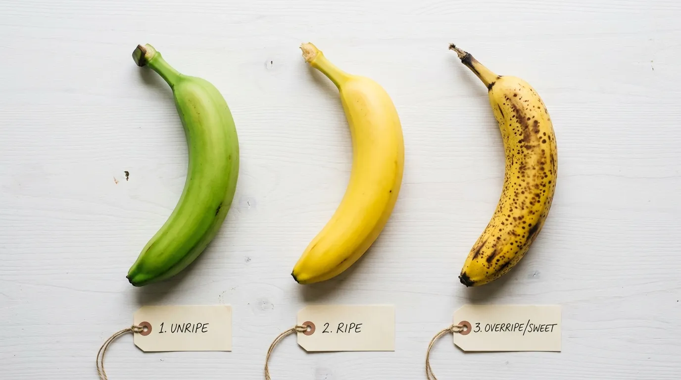 Three bananas side-by-side: one slightly green, one bright yellow, and one with brown speckles