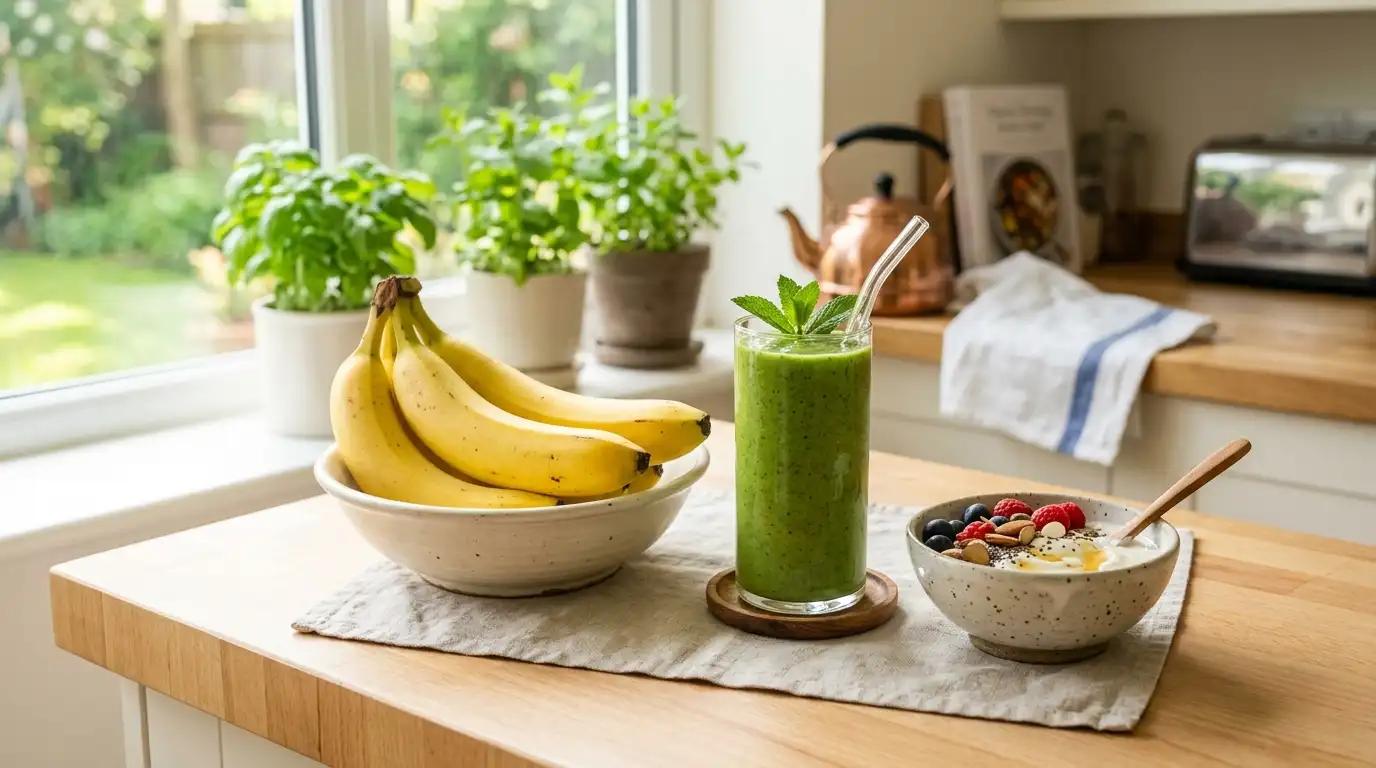 Fresh bananas next to a green smoothie and a bowl of yogurt on a bright counter
