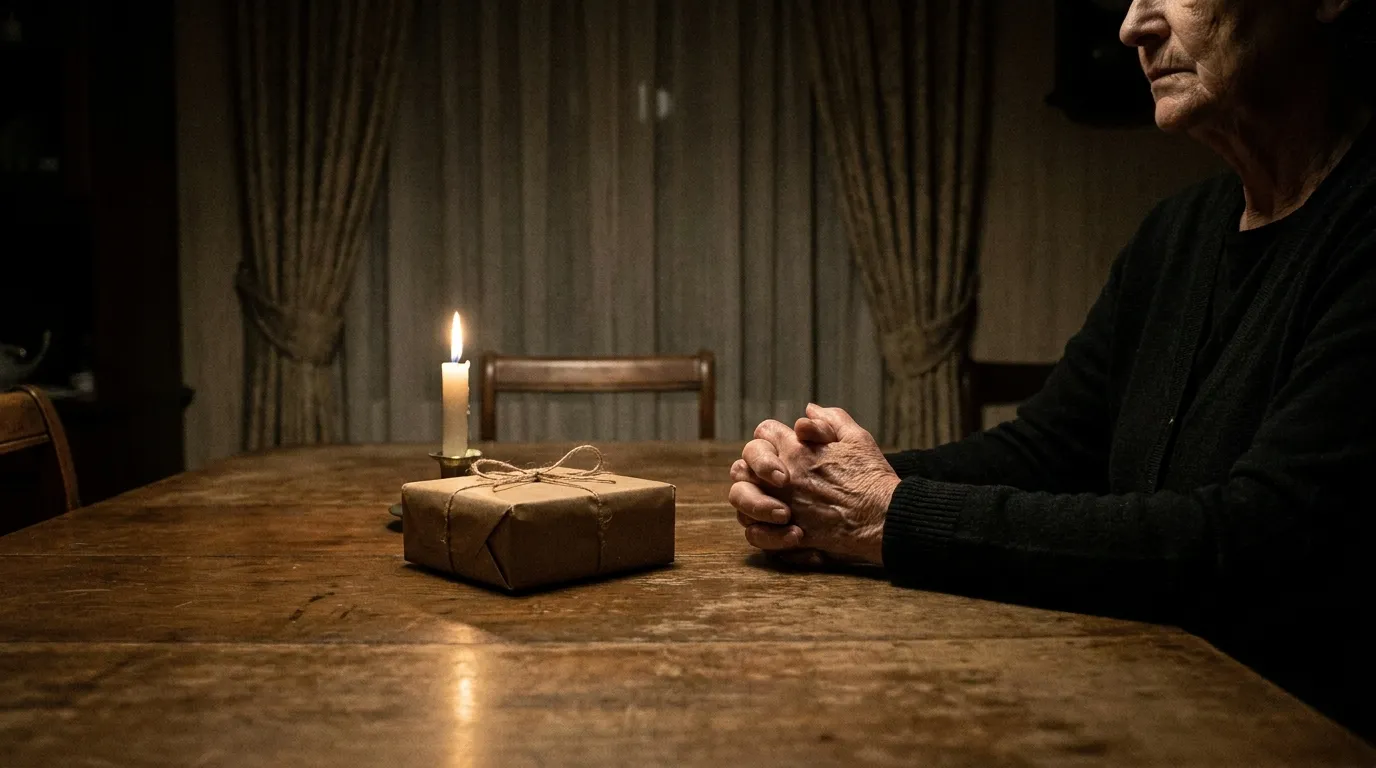 A small wrapped birthday box on a dimly lit dining table