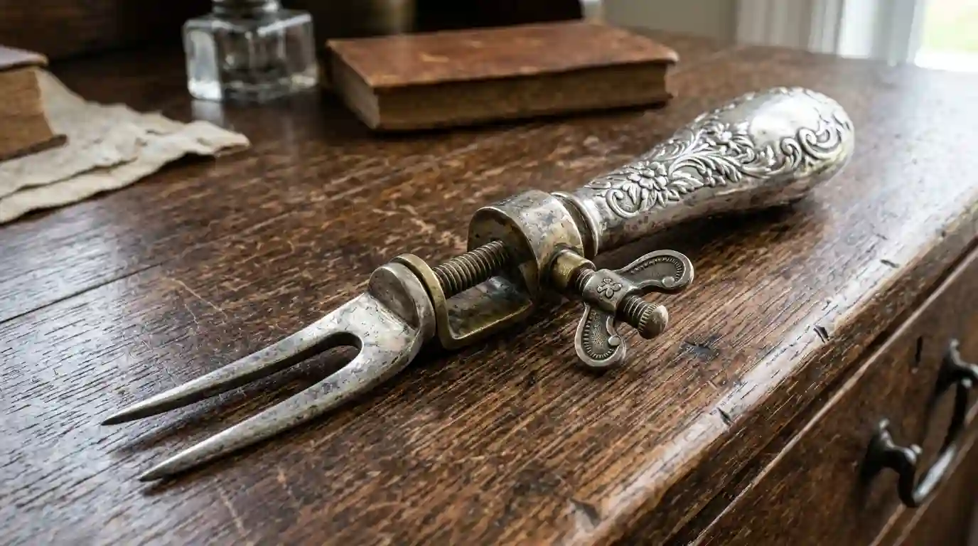 A close-up of a bizarre, ornate silver handle attached to a mechanical metal clamp and screw.