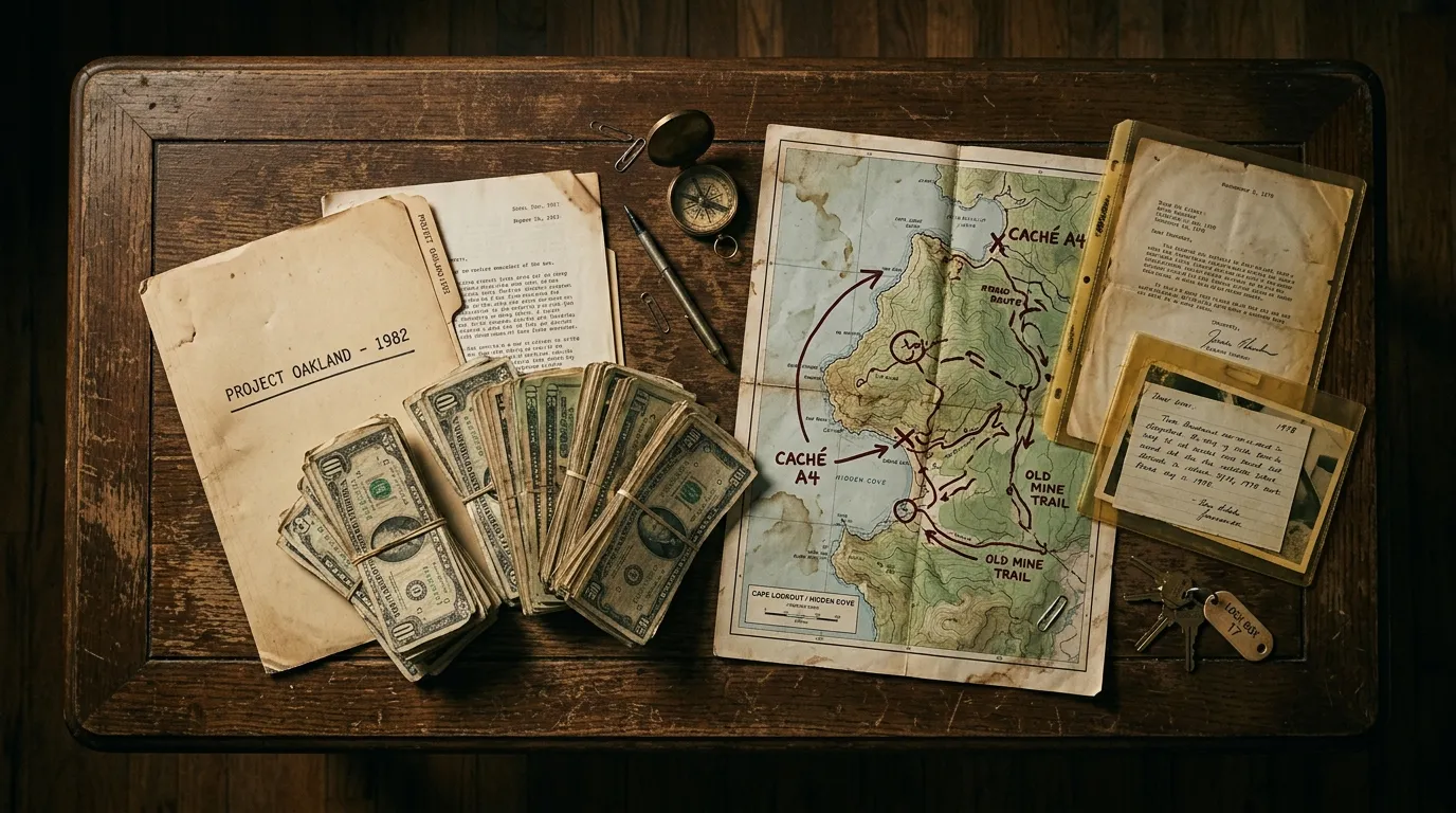 Stacks of cash, plastic document sleeves, and a marked map scattered on a coffee table.
