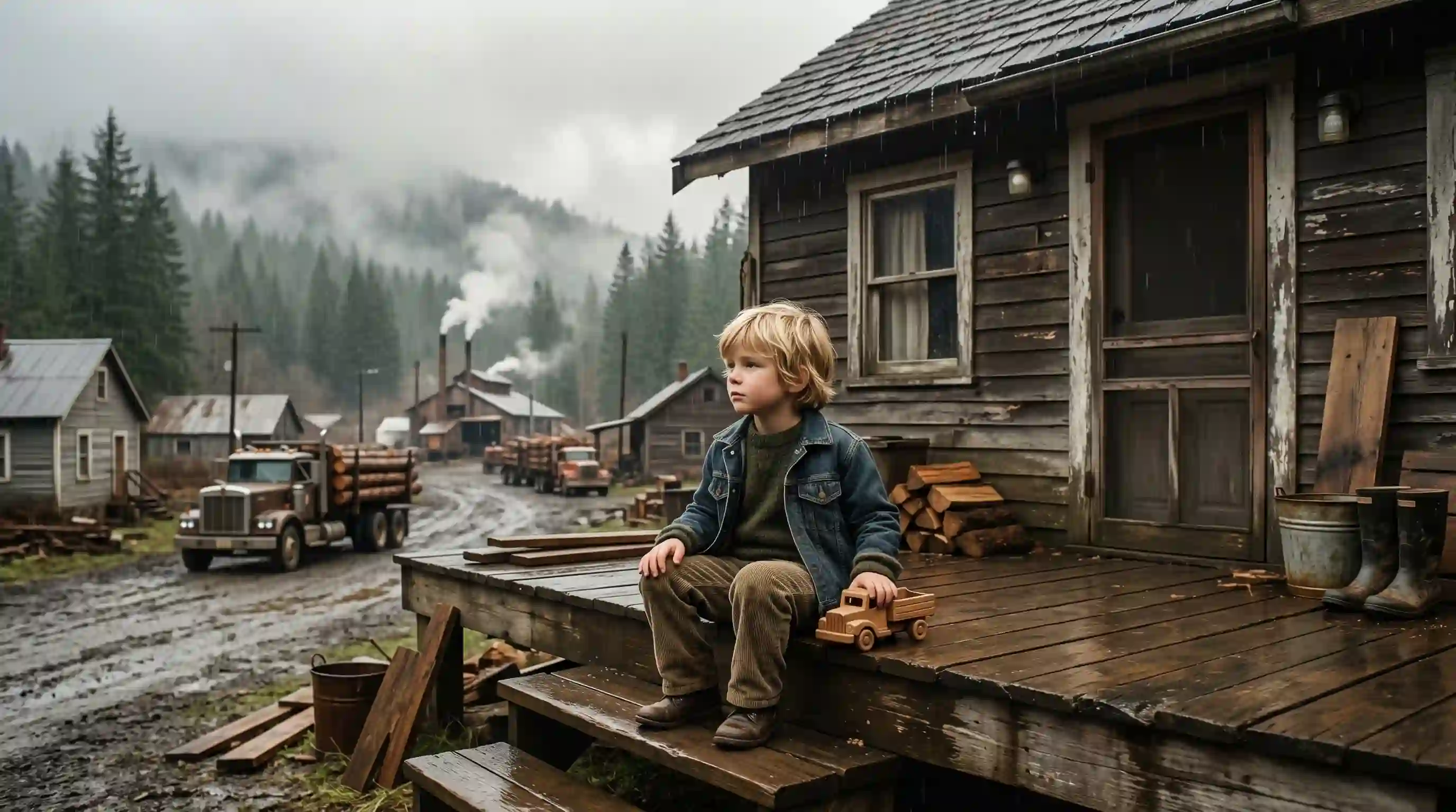 A blonde boy sitting on a porch in a rainy logging town