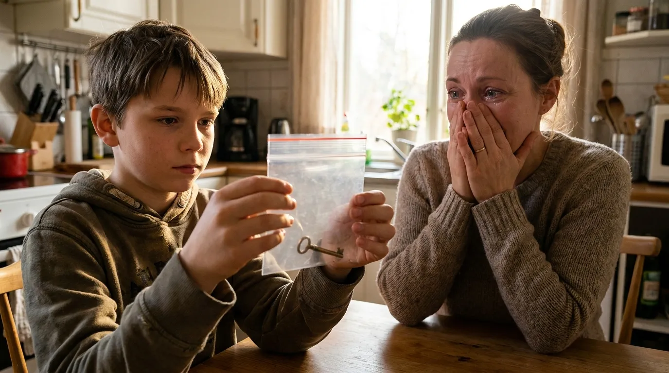 An 11-year-old boy showing a small brass key in a plastic bag to his mother.