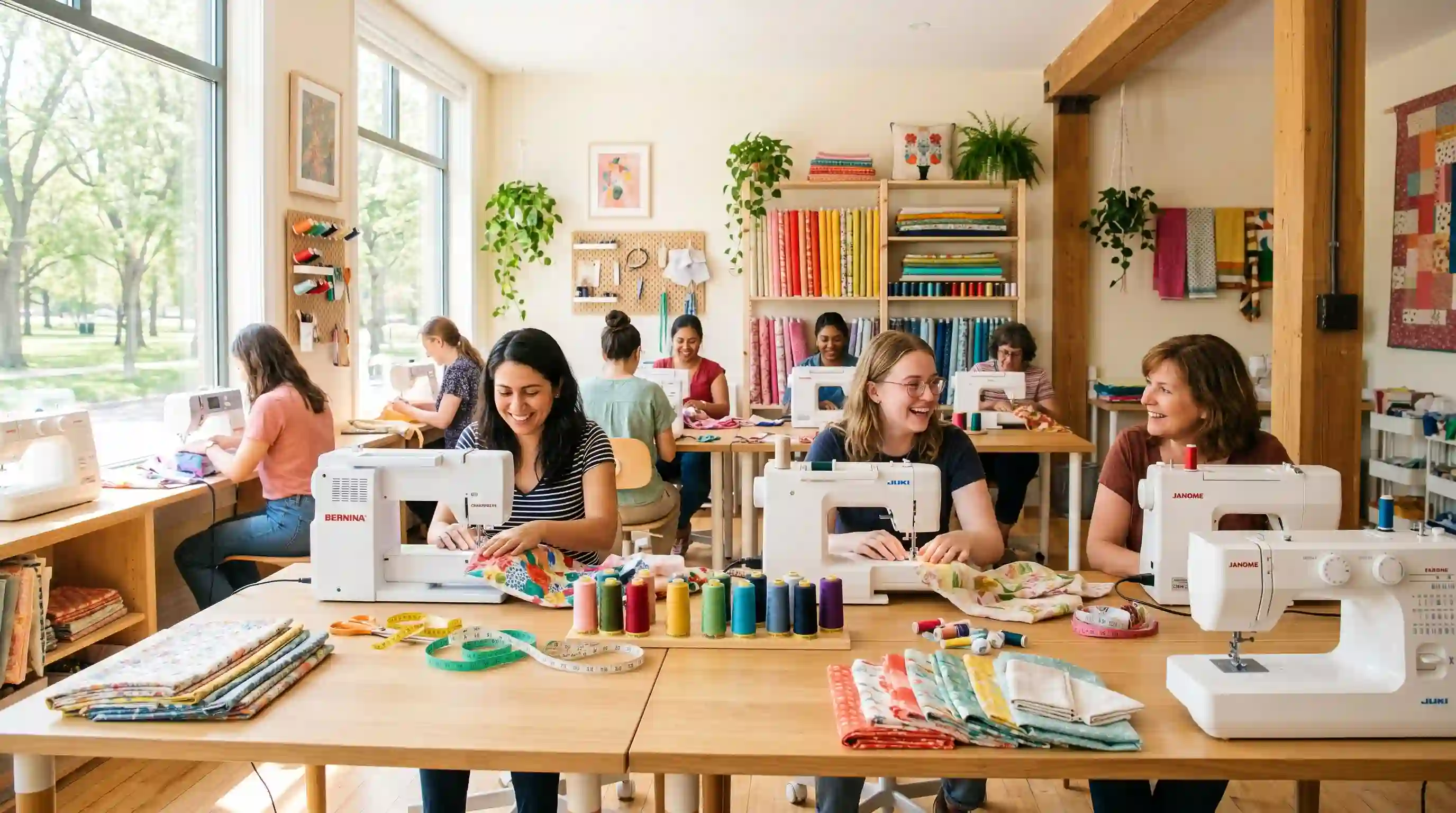 A newly renovated sewing academy filled with light and modern machines