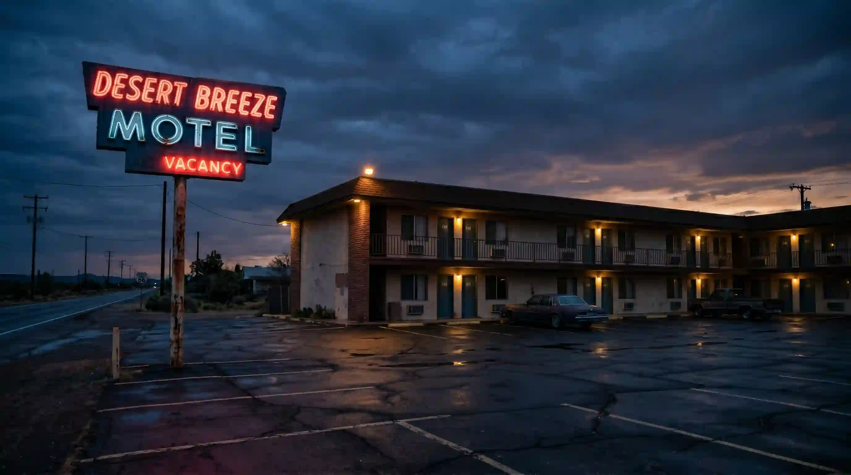 Moody exterior of a budget motel at dusk with a glowing neon sign