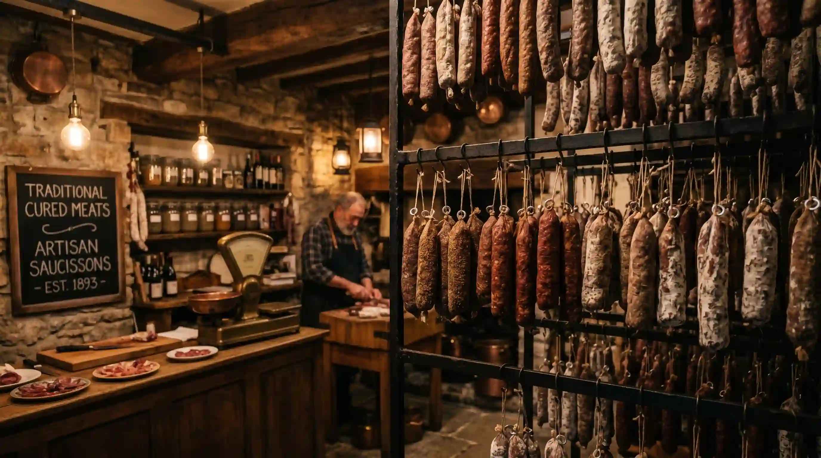 Rows of artisanal sausages hanging in a traditional butcher shop by their metal rings
