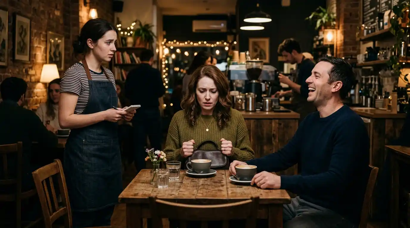 A nervous barista confronting a couple at a cozy coffee shop table