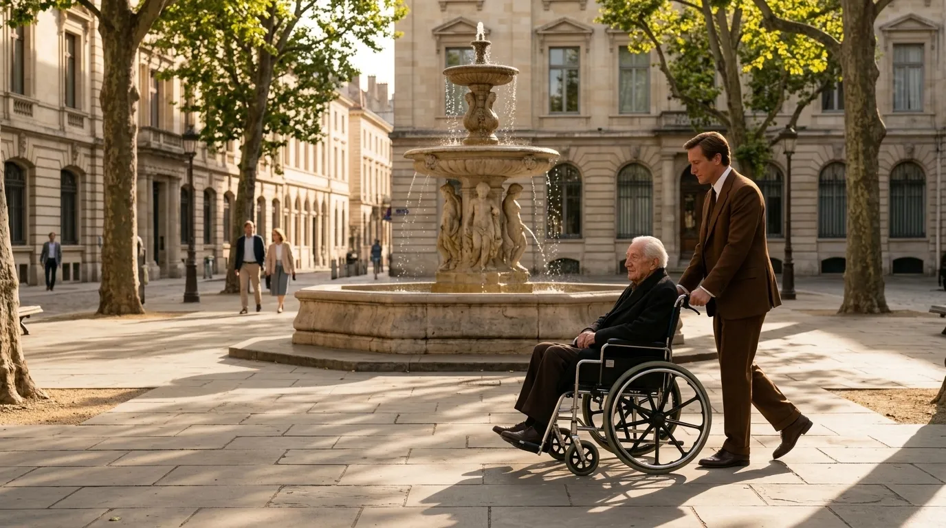 A wealthy man and his elderly father walking in a sunlit city square