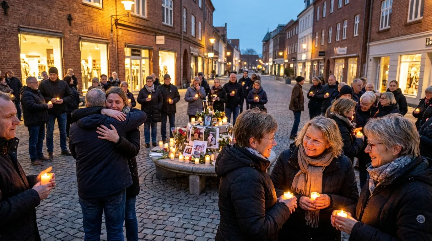 Townspeople gathering for a quiet, emotional candlelight vigil at dusk