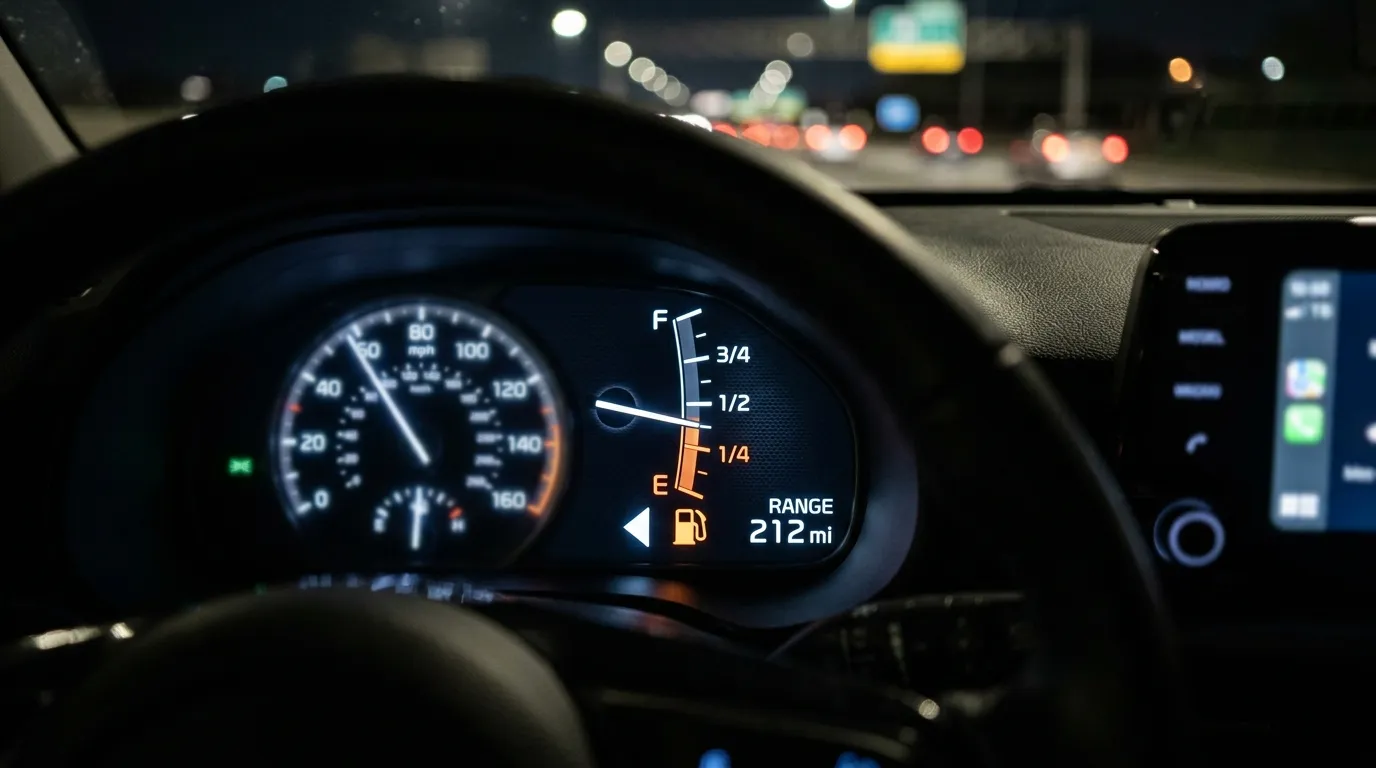 Car dashboard showing a small arrow pointing left next to the fuel gauge icon