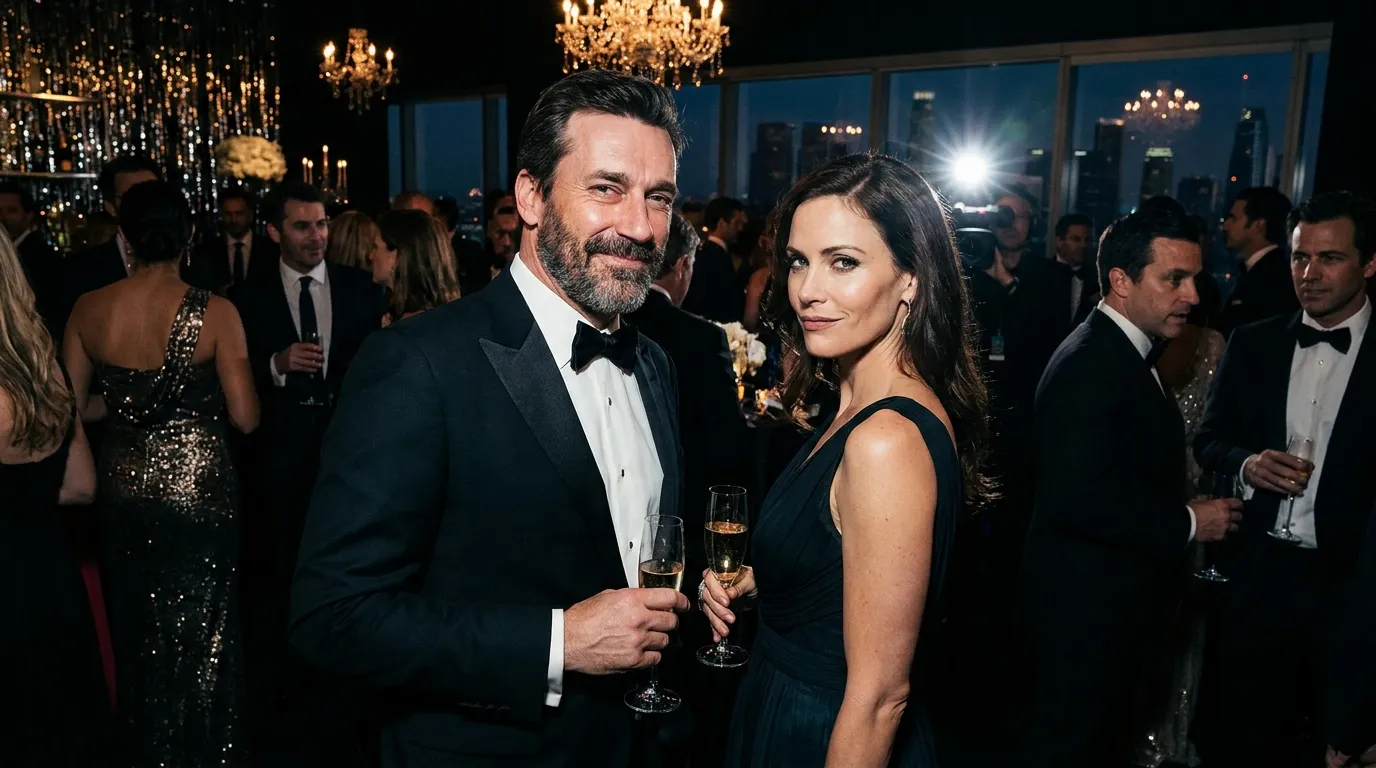 A wealthy CEO at a gala with his cunning assistant smiling at the camera