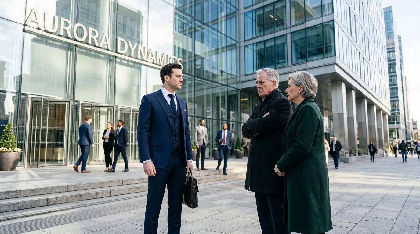 A successful CEO stands calmly outside a glass building facing their stern, older parents.