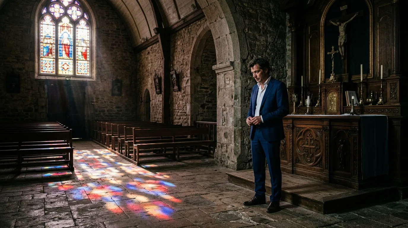 A man in a suit standing in the shadows of a sunlit stone chapel