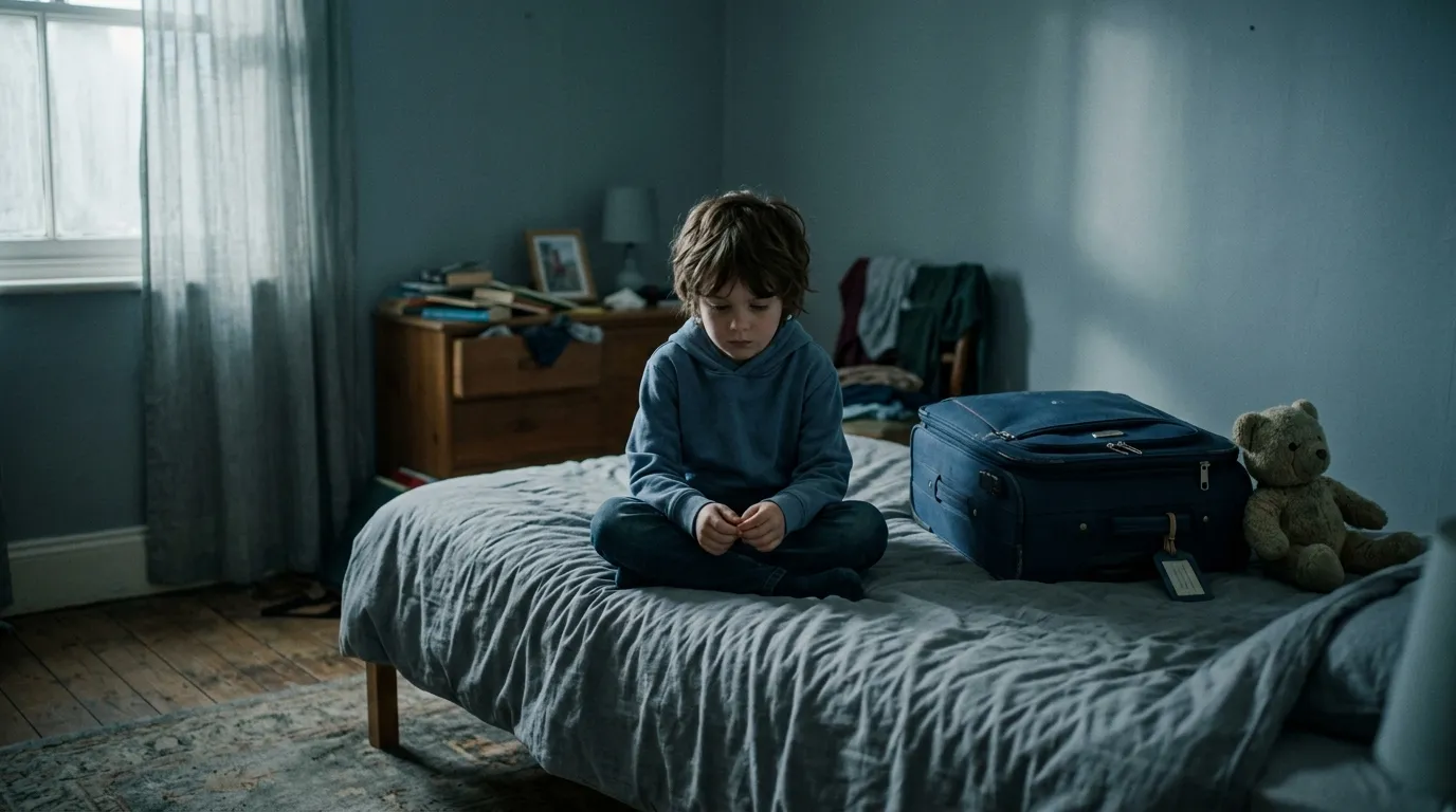 A young child looking down with a packed suitcase, representing the emotional shift into foster care.