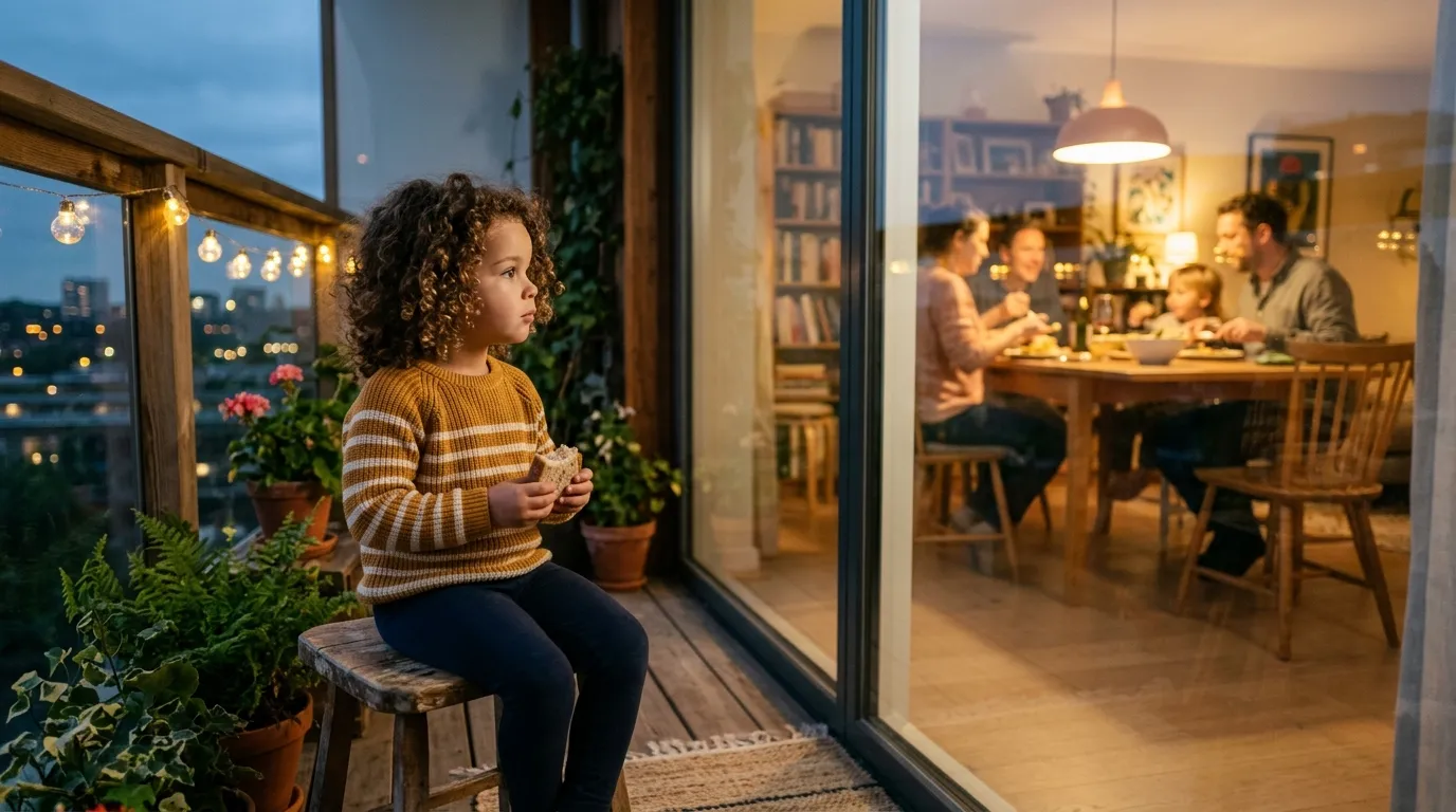 Sad little girl in a thin sweater sitting on a cold balcony eating bread