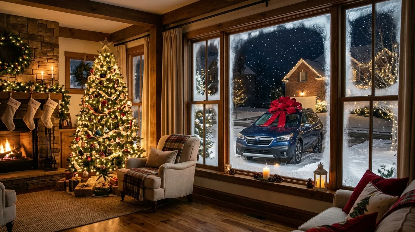 A decorated Christmas living room with a new car visible through the window